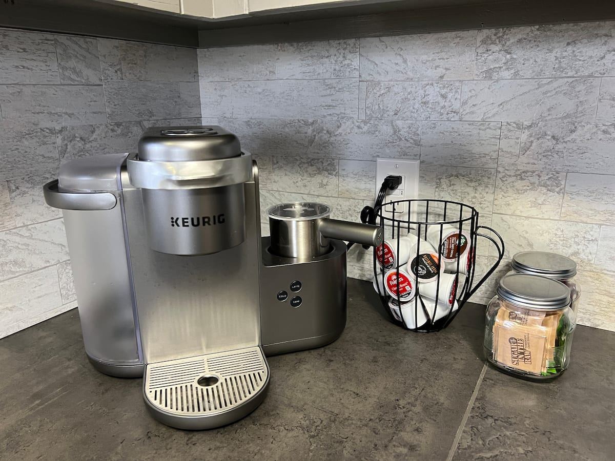 Coffee station with a Keurig brewer and milk frother
