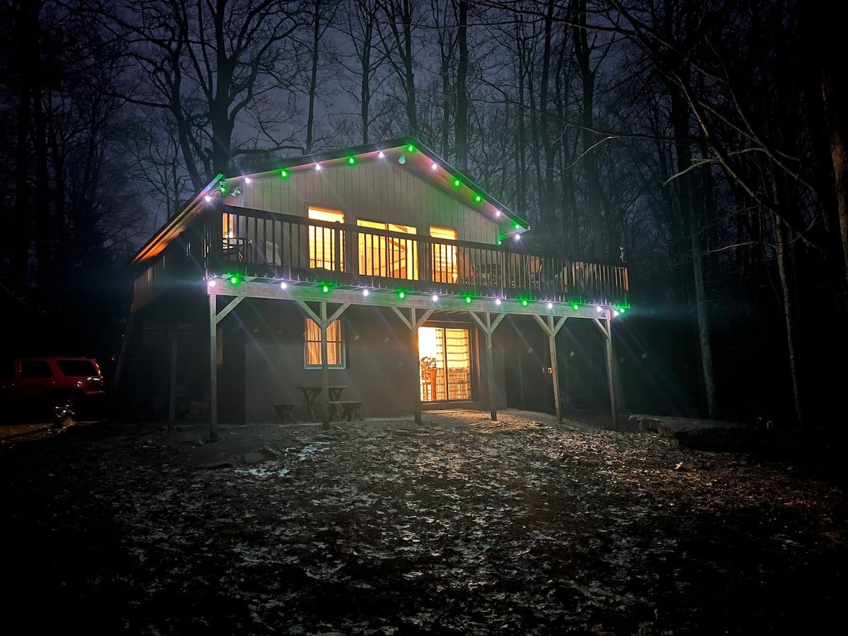 The Plaid Cabin lit up at night beneath the trees