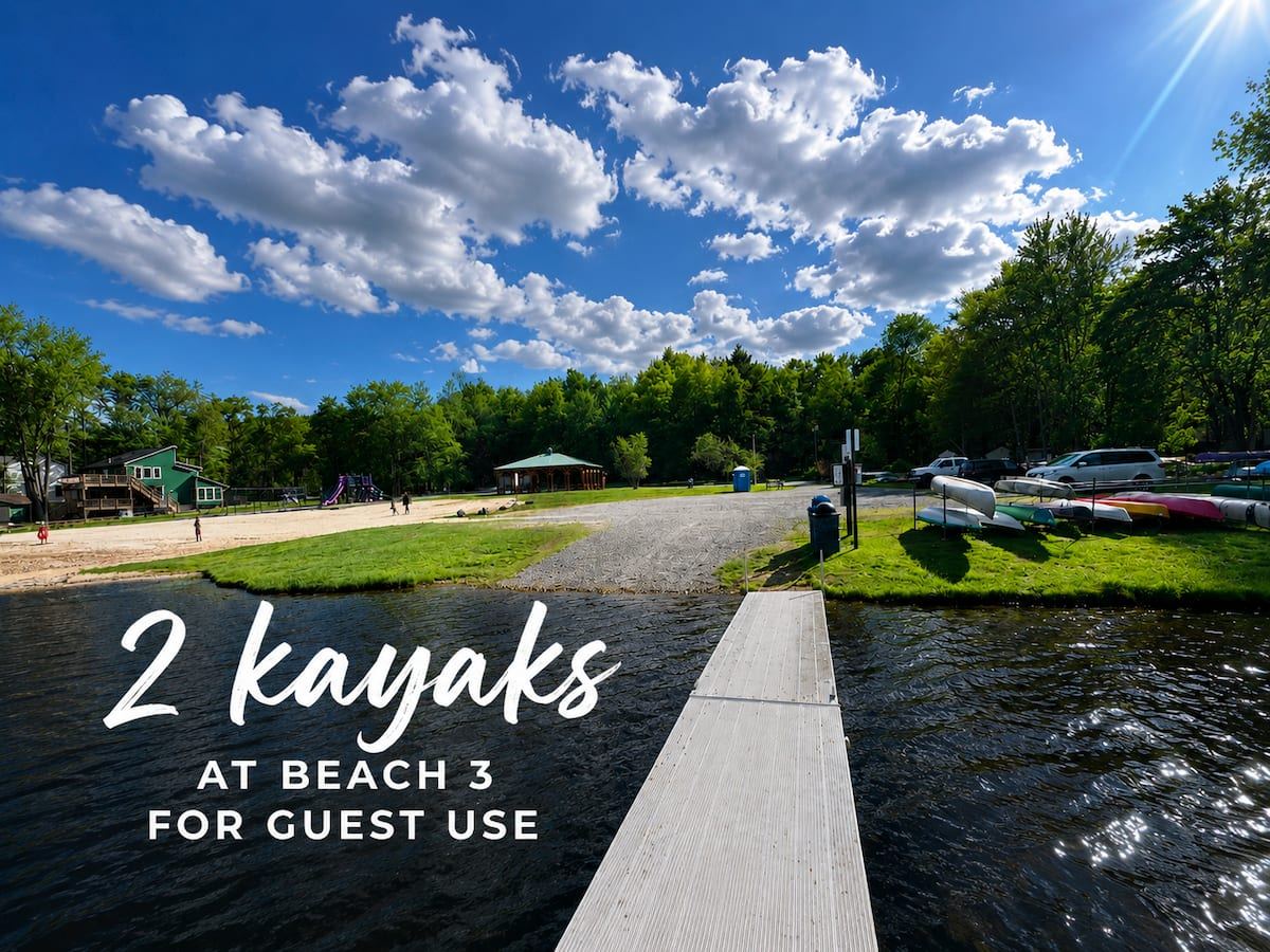 Kayaks available for guest use at Beach 3 on Arrowhead Lake
